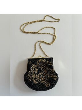 BEADED Cross Body Frame Mini Evening Bag Black Gold Tone Rose Pattern Event Chic